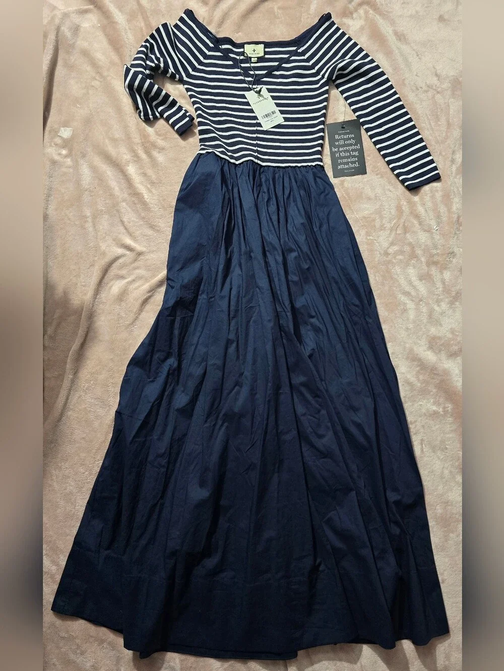 Tuckernuck Clea Dress in a navy and white striped mixed-media design Size Small - Picture 2 of 8